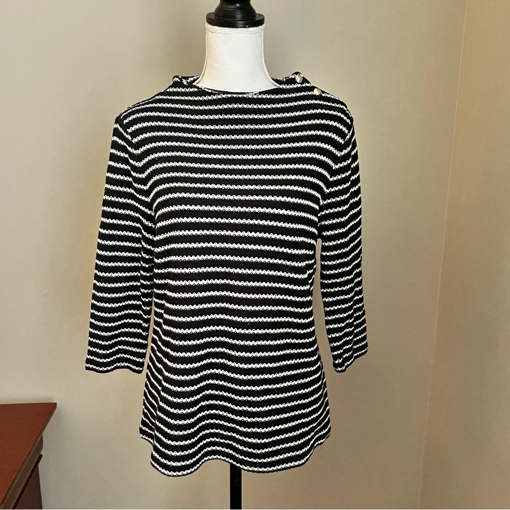 Talbots Sweater Womens Petite L Black White Stripes Knit Gold Button Nautical